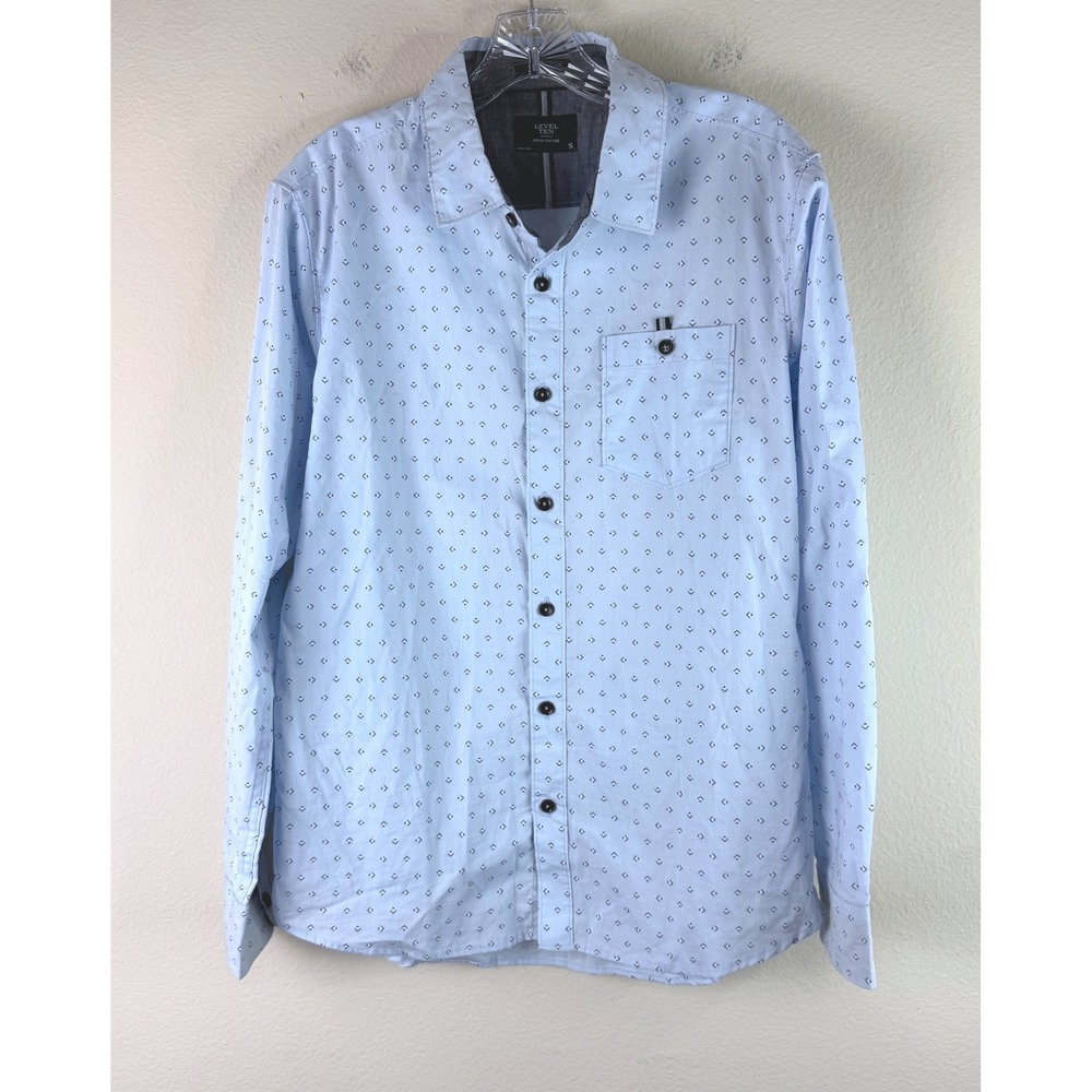 Level Ten Button Down Mens Small Blue Geometric Print Cotton Long Sleeve Shirt